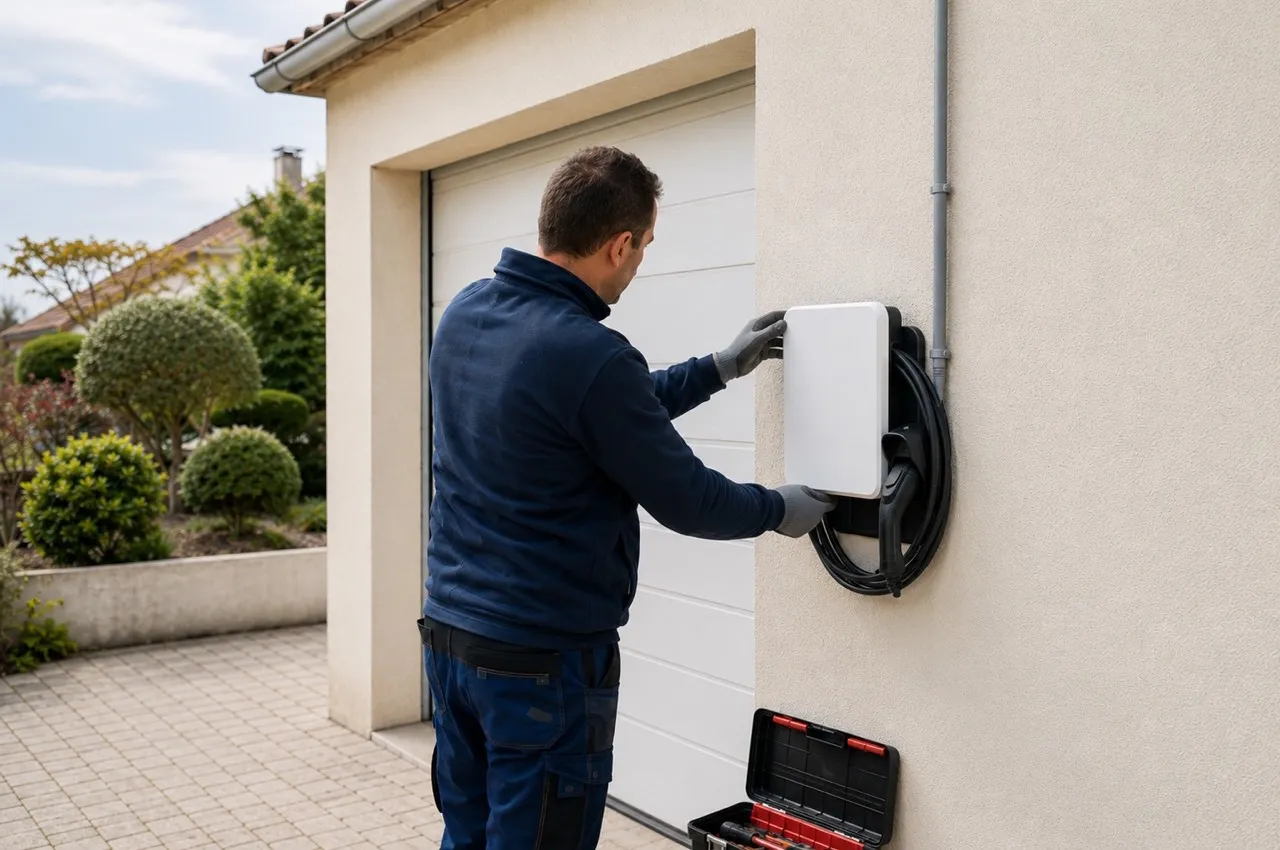 Électricien posant une borne de recharge sur la façade d'une maison