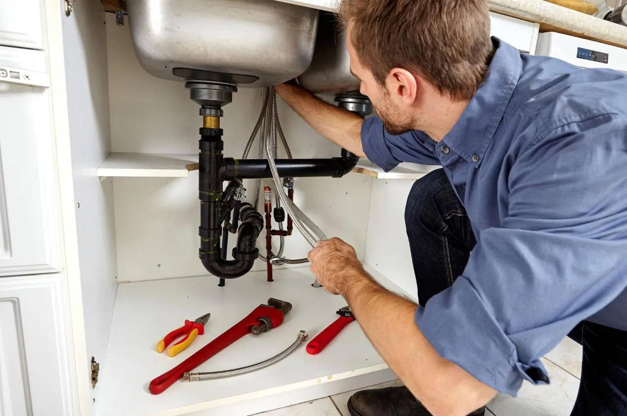 Plombier intervenant sur une installation sanitaire en rénovation