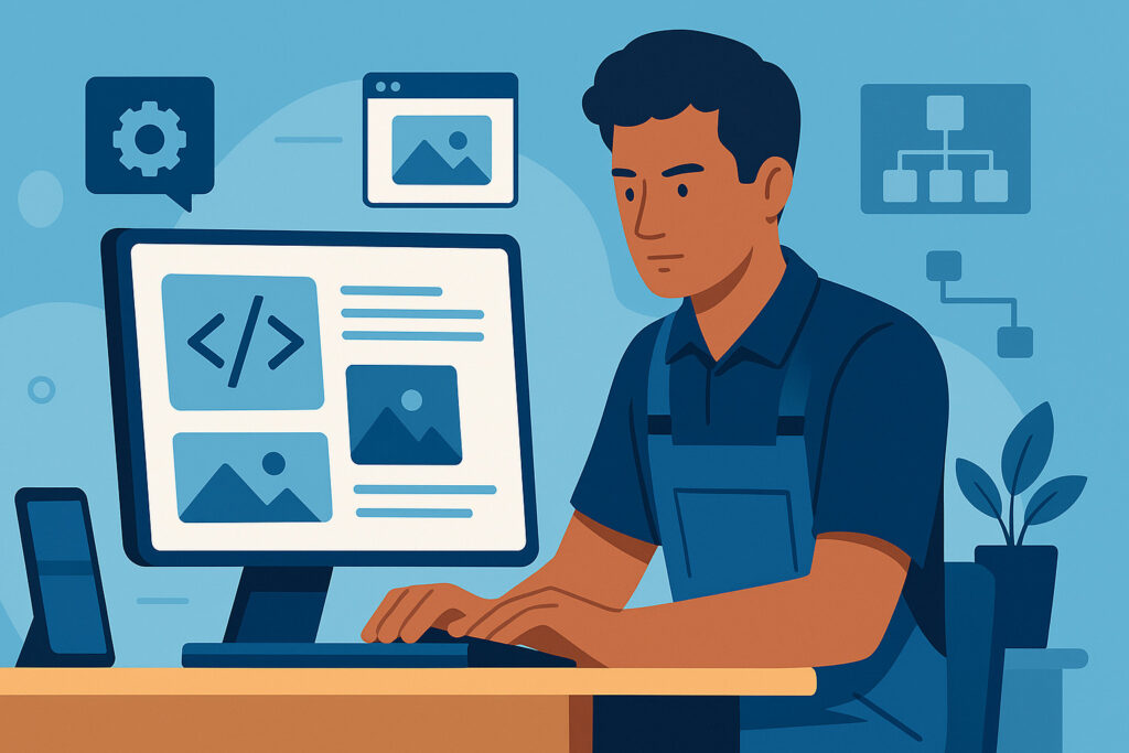 Artisan créant son site web, entouré d’outils et d’un écran affichant un design en cours de réalisation