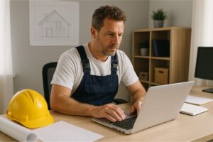 Artisan qui recherche des mots clés locaux sur son ordinateur