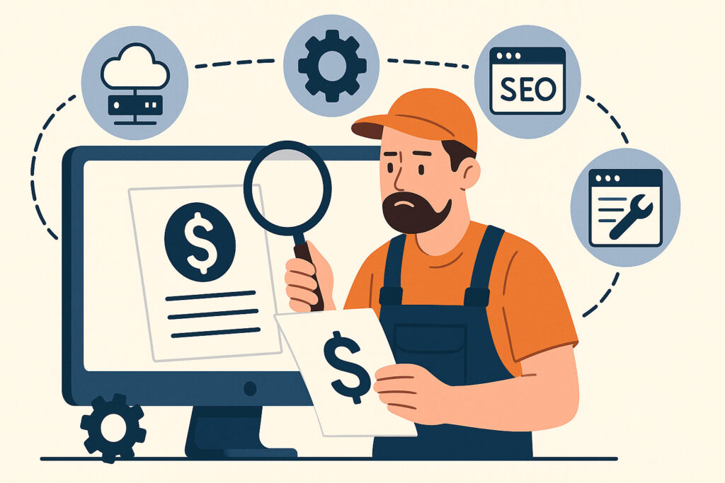 Artisan examinant les coûts cachés liés à la création et à la gestion d’un site web, entouré d’icônes représentant l’hébergement, la maintenance, le SEO et les mises à jour techniques