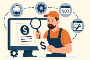 Artisan examinant les coûts cachés liés à la création et à la gestion d’un site web, entouré d’icônes représentant l’hébergement, la maintenance, le SEO et les mises à jour techniques