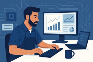 Artisan concentré sur son ordinateur, dans un bureau, affichant des données sur des écrans