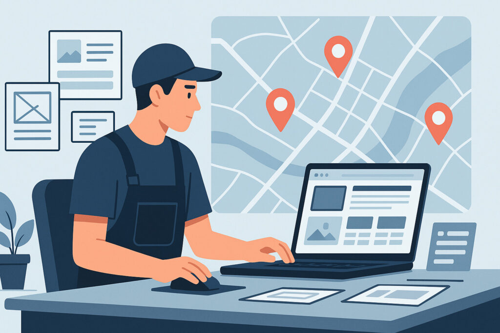 Artisan utilisant un ordinateur pour rechercher un prestataire local spécialisé dans la création de sites web