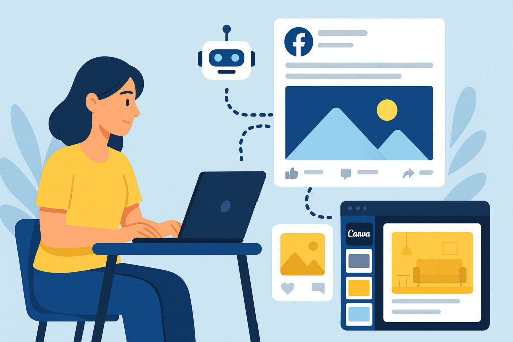 Une femme utilisant un ordinateur portable pour créer des publications sur les réseaux sociaux avec l'aide de l'intelligence artificielle