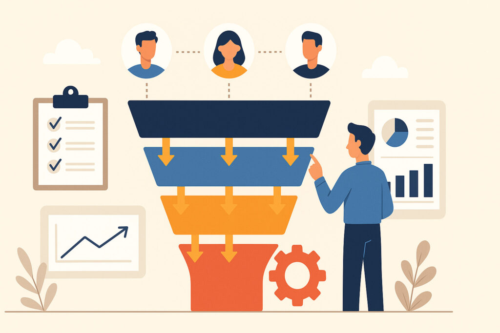 Professionnel analysant un pipeline commercial représenté par un entonnoir coloré avec des graphiques de données