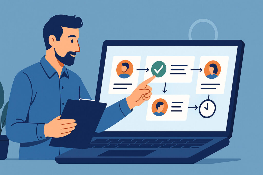 Professionnel utilisant un logiciel CRM pour gérer ses prospects sur un ordinateur portable