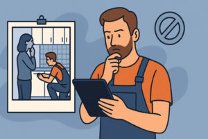 Artisan consultant une photo de réalisation sur tablette avec pictogramme d’interdiction, illustrant les précautions à prendre avant de publier des images de clients