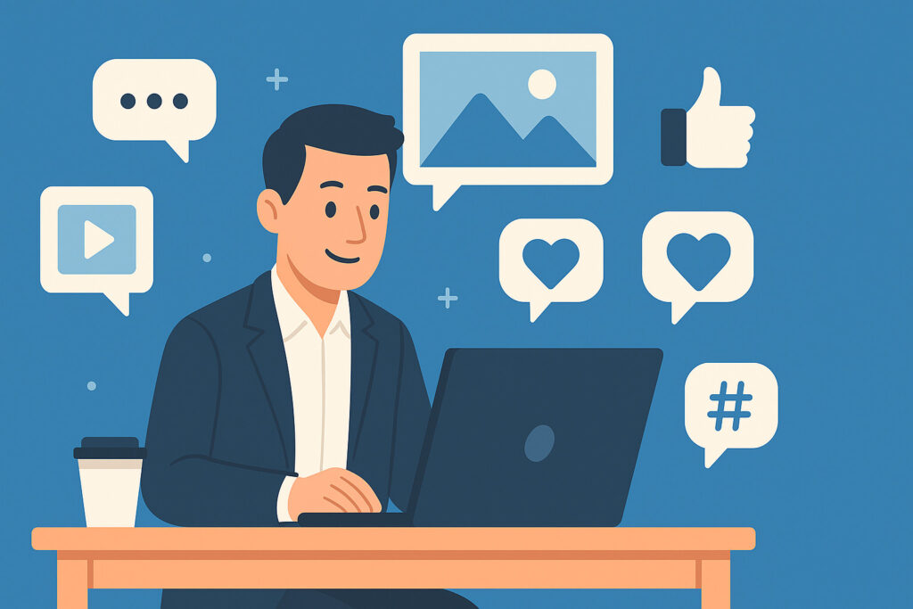 Entrepreneur sur un ordinateur portable en train de publier du contenu sur les réseaux sociaux