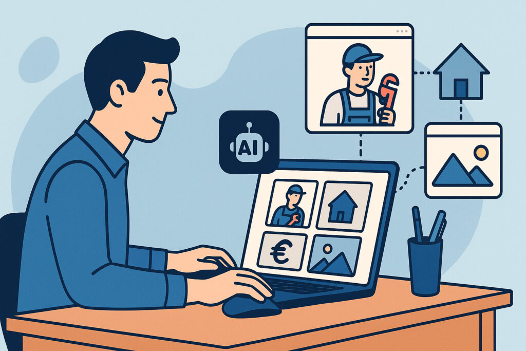 Un professionnel assis à un bureau qui crée des visuels via un outil d’intelligence artificielle sur son ordinateur portable