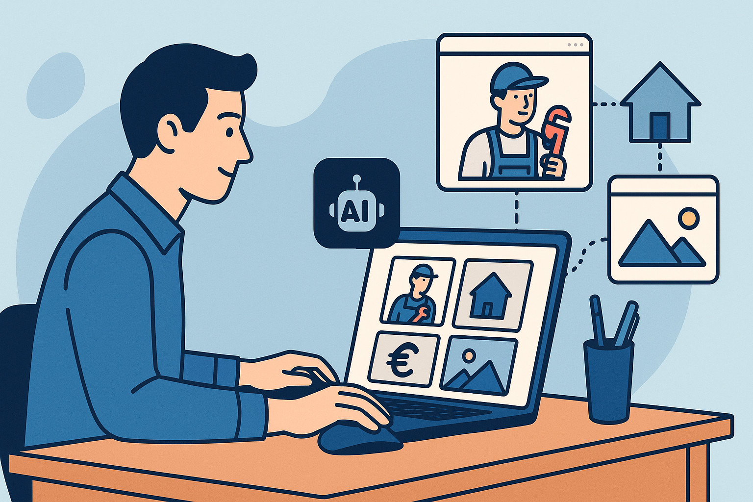 Un professionnel assis à un bureau qui crée des visuels via un outil d’intelligence artificielle sur son ordinateur portable