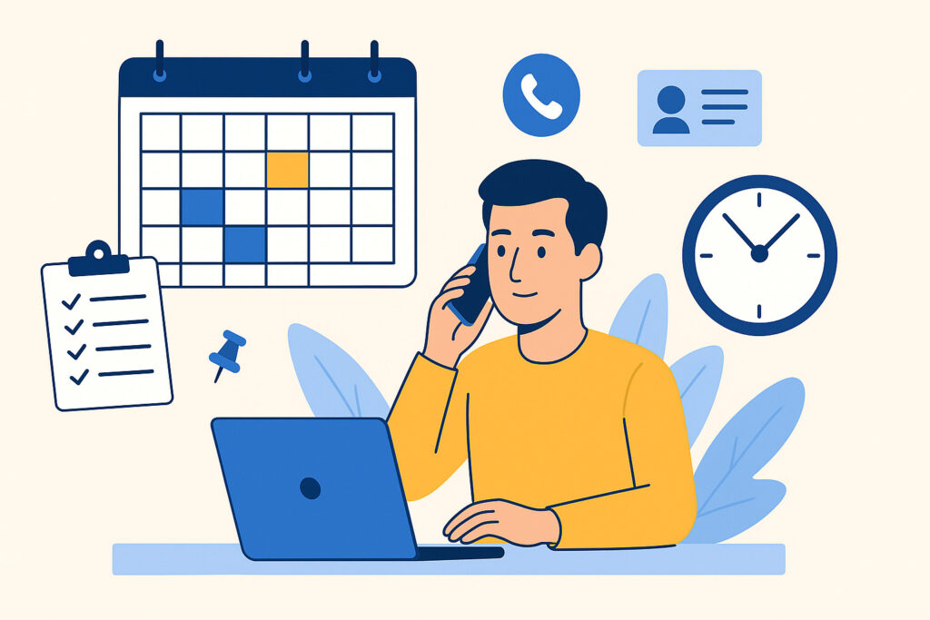 Professionnel organisant son planning tout en gérant des appels clients et des notifications, avec ordinateur, calendrier et check-list
