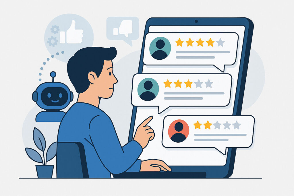 Professionnel utilisant un assistant IA pour gérer les avis clients en ligne