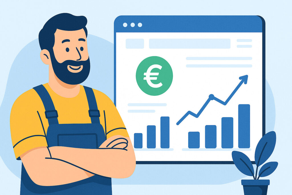 Artisan souriant et prospère consultant les statistiques de son site web
