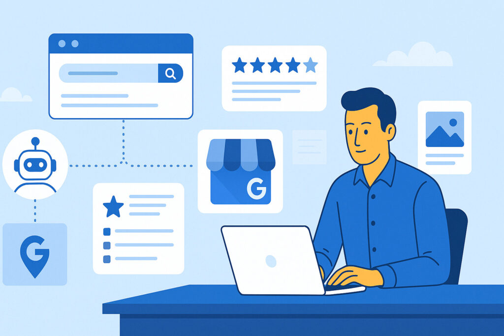 Professionnel utilisant l’intelligence artificielle pour optimiser sa fiche Google My Business