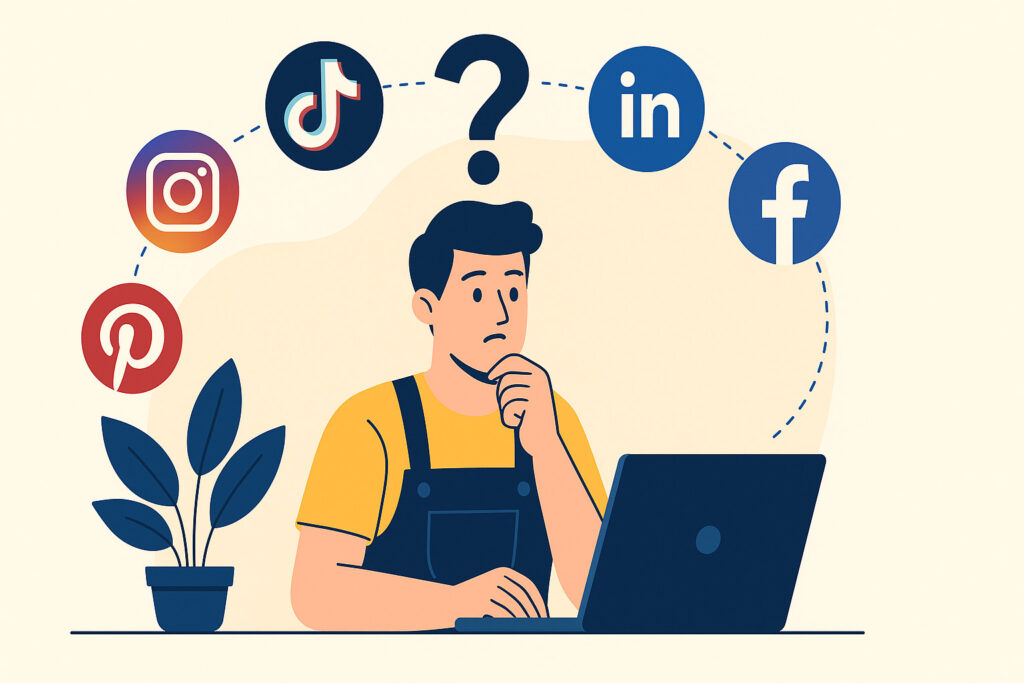 Artisan hésitant entre plusieurs réseaux sociaux devant son ordinateur