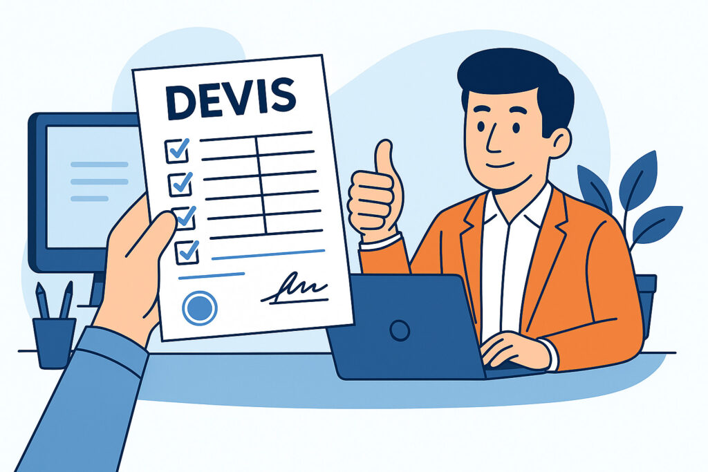 Professionnel souriant et faisant un pouce levé devant un devis accepté