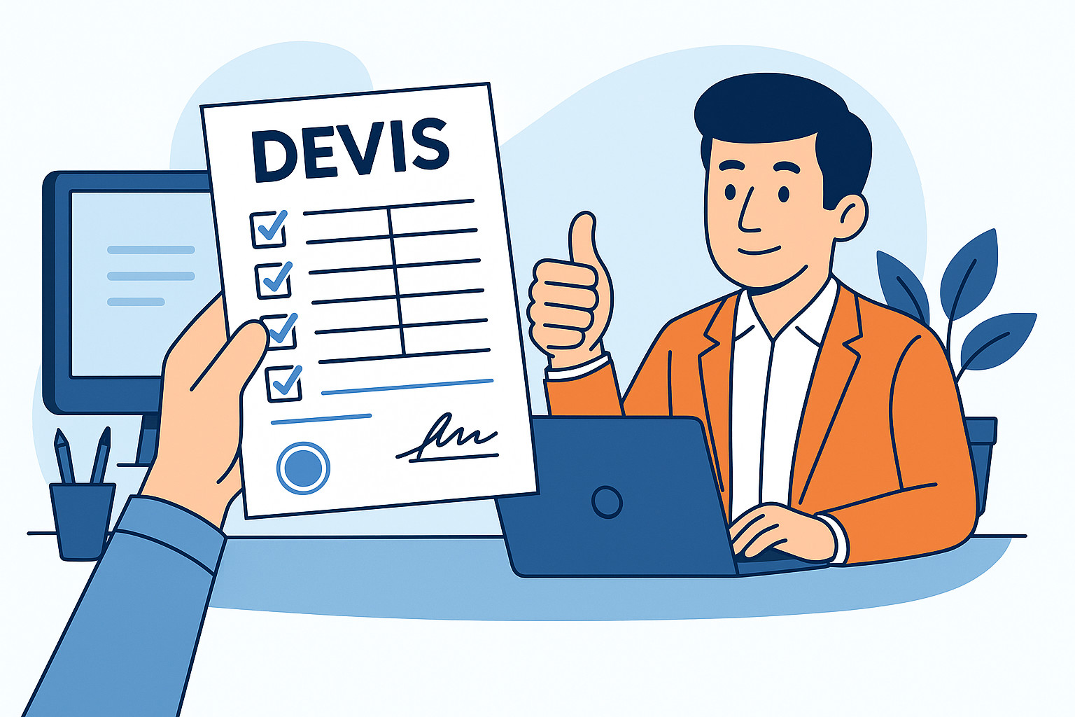 Professionnel souriant et faisant un pouce levé devant un devis accepté