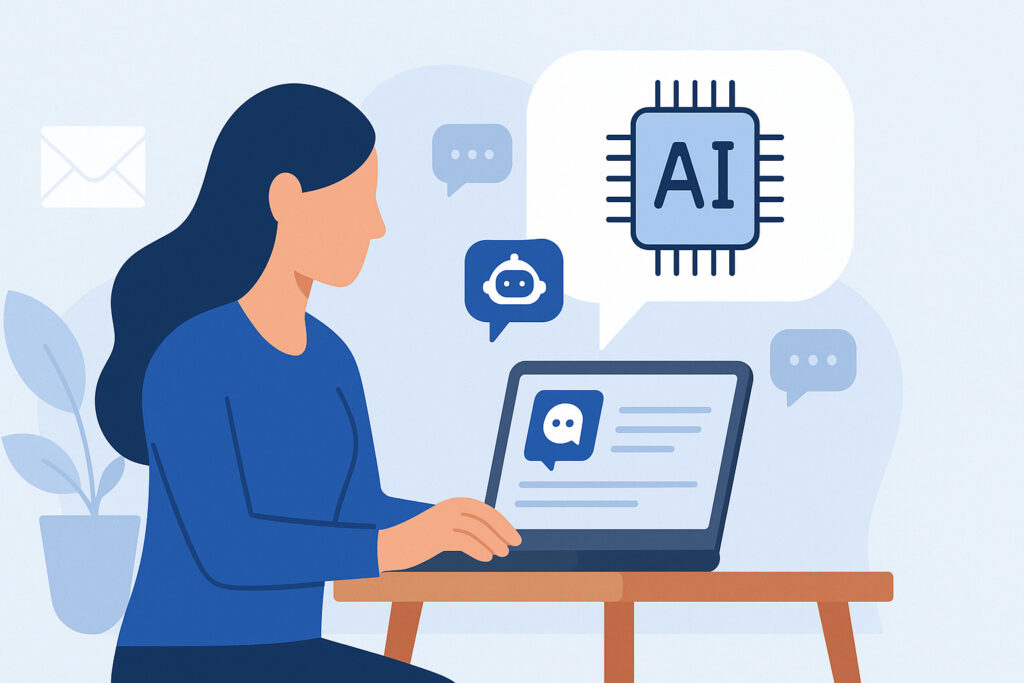 Une femme utilisant un ordinateur portable avec une interface d’intelligence artificielle dans un cadre professionnel