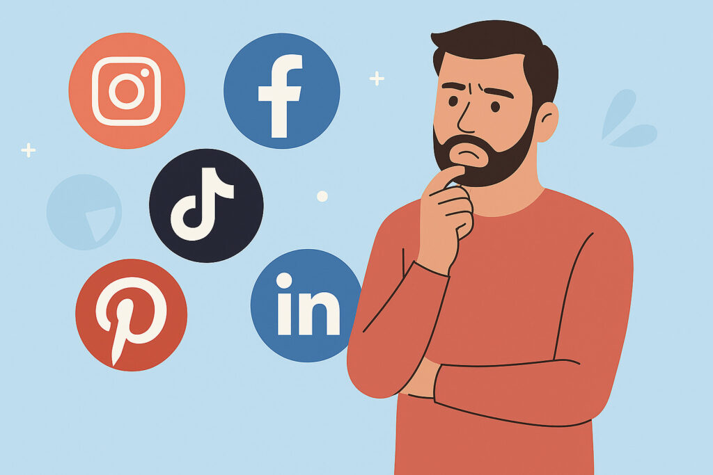 Entrepreneur songeur entouré des icônes des réseaux sociaux Instagram, Facebook, TikTok, Pinterest et LinkedIn