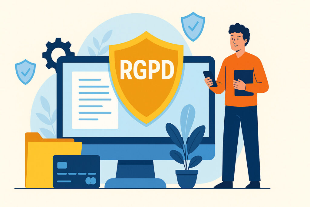 Professionnel veillant à la sécurité des données clients sur ordinateur, avec un grand bouclier affichant l’acronyme RGPD