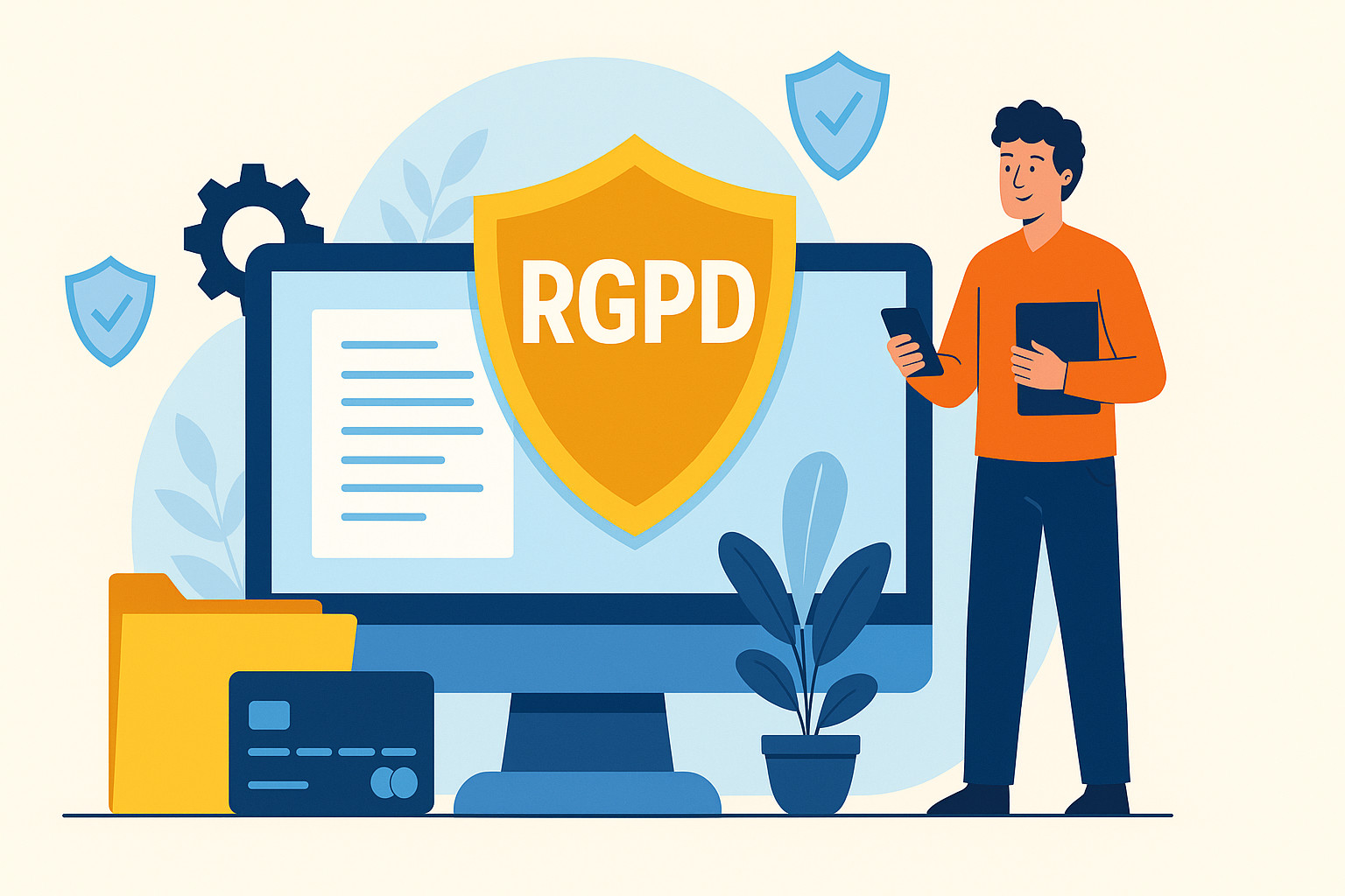 Professionnel veillant à la sécurité des données clients sur ordinateur, avec un grand bouclier affichant l’acronyme RGPD