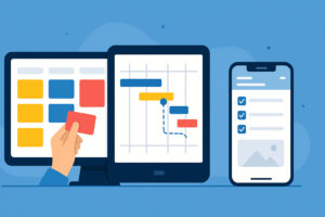 Illustration d’un tableau Kanban, d’un diagramme de Gantt et d’une application mobile de gestion de tâches sur tablette et smartphone